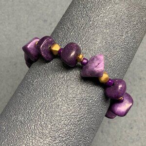 Organic Beaded Stretch Bracelet 7.5 In Purple Marbled Stone Gold Chunky Hippie R